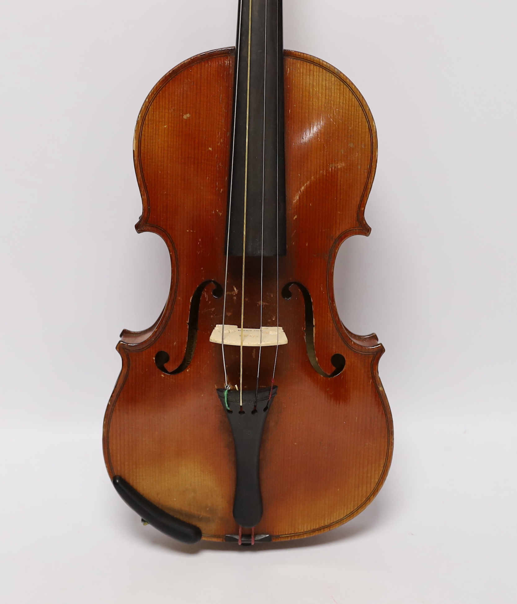 A cased 3/4 sized student violin marked Dresden, with reproduction Stradivarius label